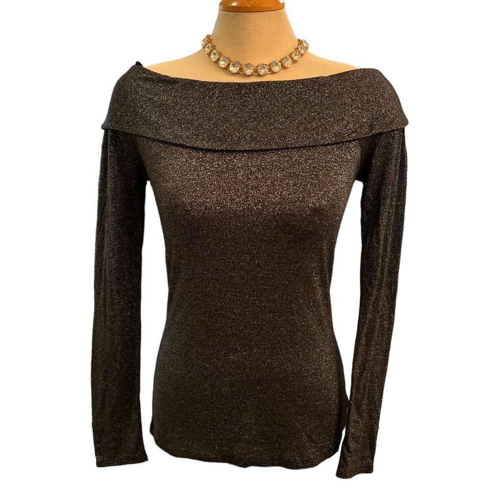 WHITE HOUSE BLACK MARKET Off Shoulder Blouse Top Sz S Shimmery Cuff Detail - Picture 3 of 13